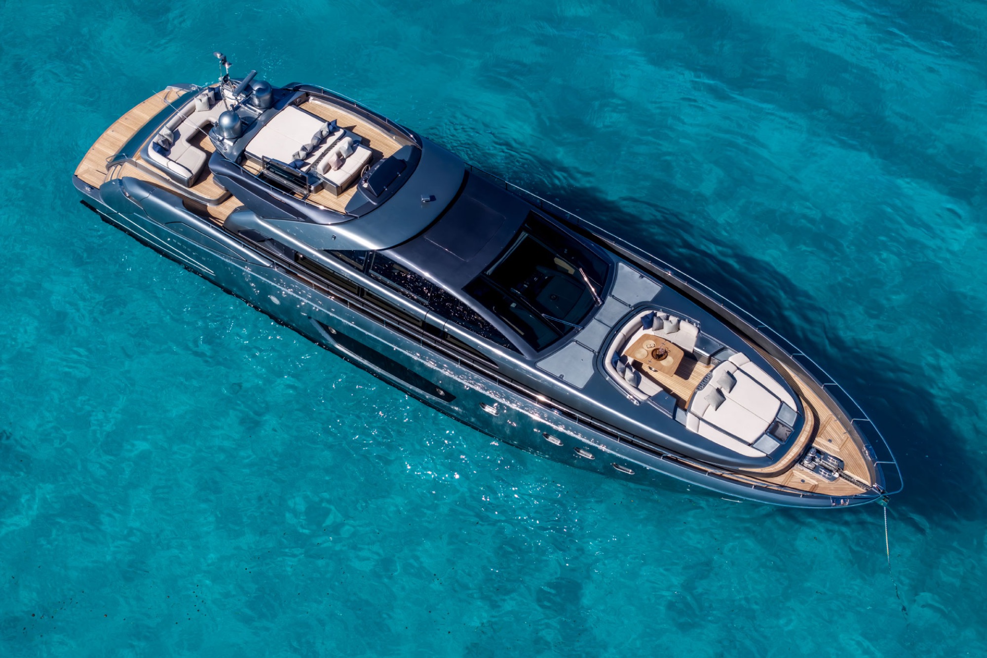 Riva 86 Tanit from above on Ibiza water